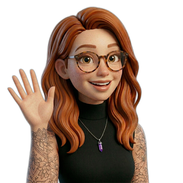 Alexandra — mascote da IA Cléo acenando